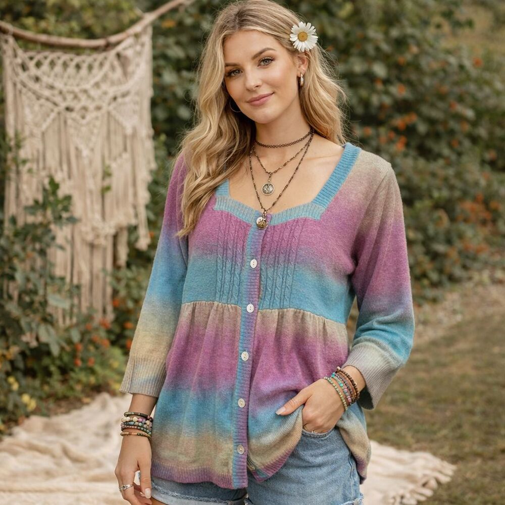 Art and Soul Womens Rainbow Knit Cardigan Sweater Size M Hippie Ombre Boho Indie